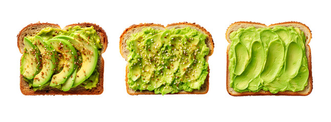 Fototapeta premium Top view of set of three different avocado toast over isolated transparent background