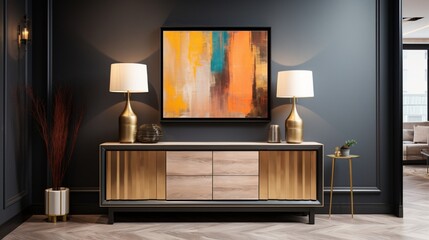 Contemporary sideboard displaying art pieces in a well-decorated hallway with ambient lighting