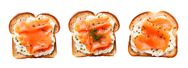 Collage set of delicious cheese and smoked salmon toasts over white transparent background