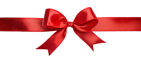 Shiny red satin ribbon bow, isolated on transparent background
