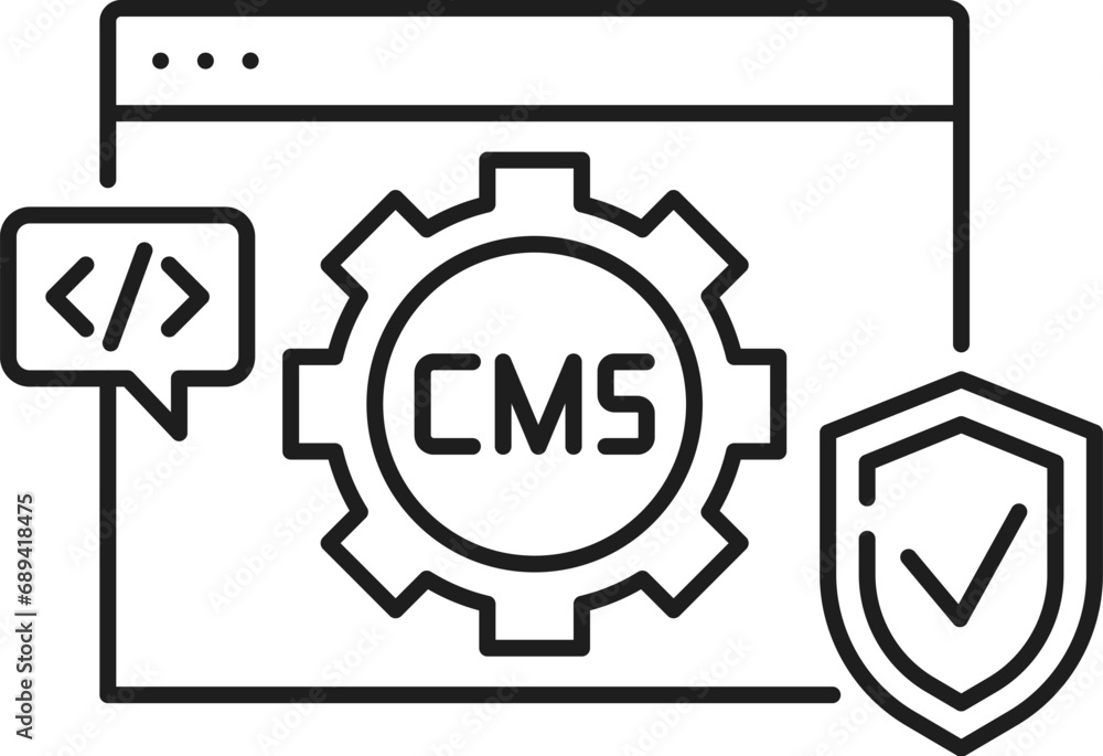 Poster security, cms content management system icon for digital media and data protection, vector line pict