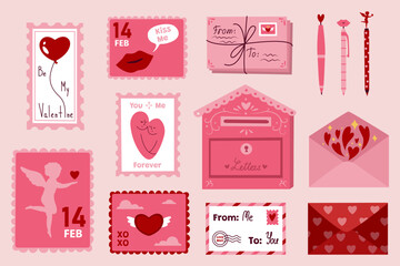 Set of envelopes, postage stamps, mailbox and pens on pink background. Valentine's Day celebration