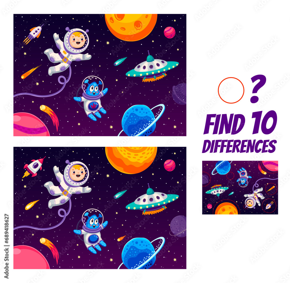 Aufkleber find ten differences on space landscape. astronaut and alien in outer space kids game vector workshe