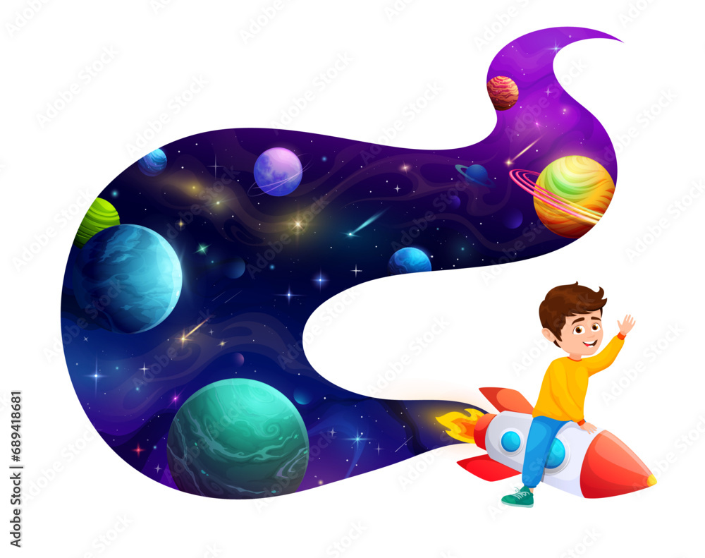 Poster cartoon cheerful kid boy flying on space rocket with smoke trace of fantasy galaxy planets, stars an