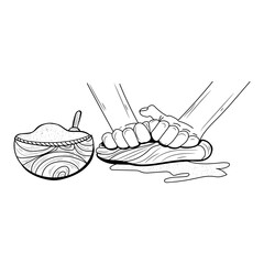 Baker kneading dough on white background