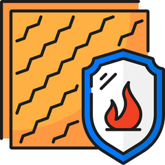 Fire resistant icon, wall thermal insulation. Building wall insulation layer system line pictogram, home facade thermal isolation and fire protection technology outline vector symbol with flame shield