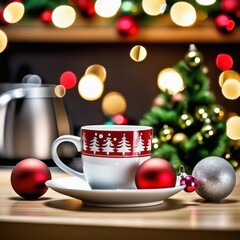 Obraz na płótnie Canvas Coffee cup with Christmas ornaments and decoration on wooden background