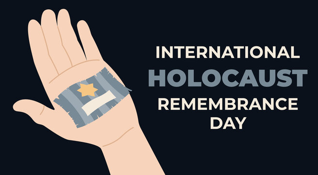Banner for International Holocaust Remembrance Day with hand holding piece of uniform of concentration camp prisoner on dark background