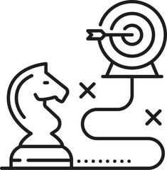 Strategy, SEM or search engine marketing and content management vector line pictogram. Website search and web advertising or target audience reach strategy symbol of horse chess with aim goal