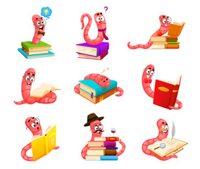 Cartoon bookworm characters. Funny cute book worm animals. Vector set of pest personages reading, writing poems, having idea and question. Sleeping, learning exams and enjoying time in the library