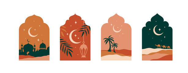 Mosque arch windows with arabic landscape. Ramadan Kareem, Eid Mubarak arabian holiday of islam religion. Muslim mosque window frames with vector silhouettes of crescent moon, lantern, star and palm - obrazy, fototapety, plakaty