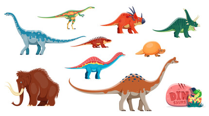 Cartoon dinosaurs funny characters. Jurassic era animal, extinct reptile, Euhelopus, Styracosaurus, Chasmosaurus and Elaphrosaurus, Shansisuchus, Glyptodon dinosaur isolated vector cheerful personages