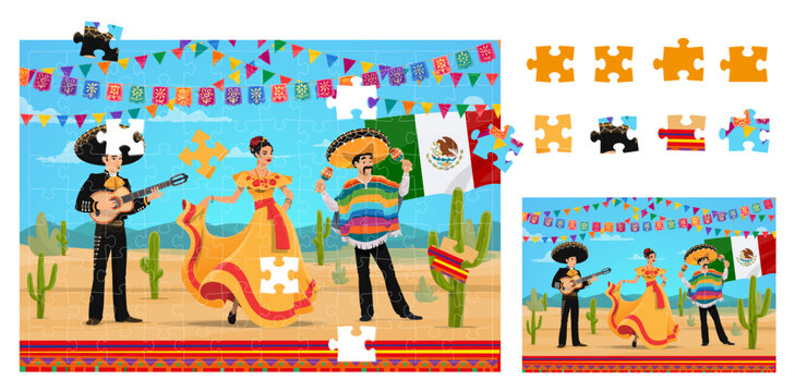 Mariachi, dancer and charro cowboy mexican national characters. Jigsaw puzzle game pieces vector quiz worksheet with cartoon musicians personages, sombrero, guitar and maracas, Mexico flag and cactus