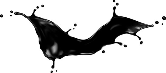 Black oil wave splash, liquid ink flow swirl or petrol and paint with drops splatter, realistic vector. Black oil wave splash or spill pour with drips and ink droplets swirl on white background - obrazy, fototapety, plakaty