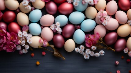 Colorful Easter eggs in a basket on a white background, top view. Black wood background.Generated AI.
