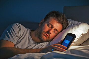 Man sleeping on white bed with smartphone in hand. Talking on the phone until falling asleep or waiting for others to call.