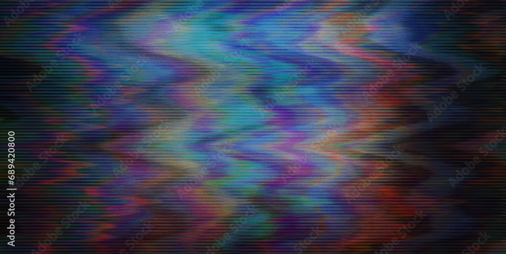 Poster glitchy flickering screen with distortion, noise and lines, like playing or rewinding a vhs tape.