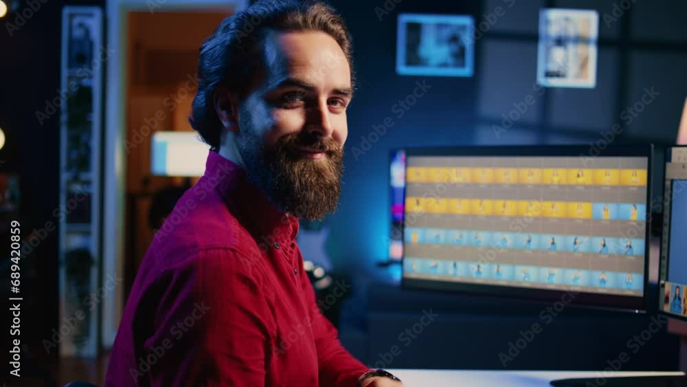 Aufkleber portrait of smiling photographer using photo editing software on pc display in multimedia creative s