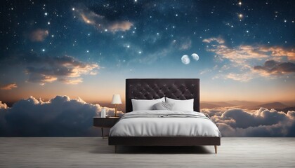 Blue fluffy cloud with bed stand - symbolizing good sleep, sky backdrop - obrazy, fototapety, plakaty