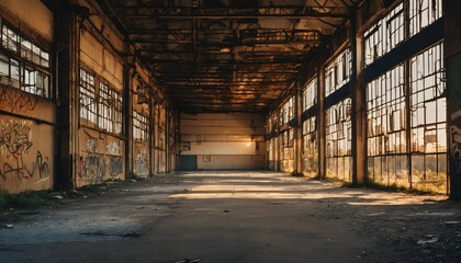 Abandoned factory during sunset - closed shutters, urban decay, graffiti walls, desolate street, warm sunlight on old industrial building