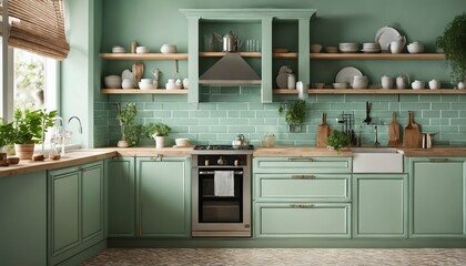 Pastel mint green interior in expansive kitchen space - chic, contemporary design - obrazy, fototapety, plakaty