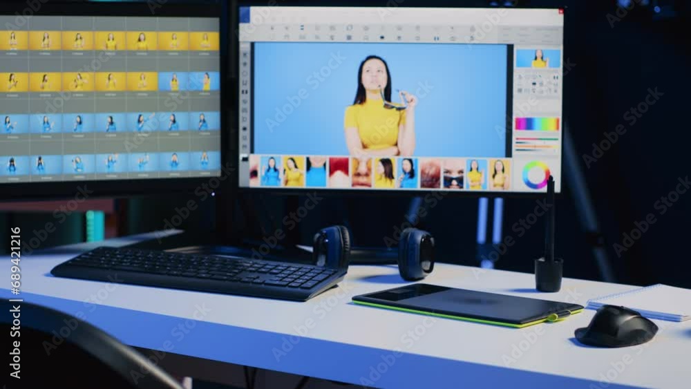 Aufkleber photo editing software on pc display and graphic tablet on desk in empty multimedia creative studio.