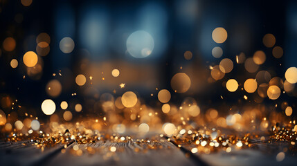 abstract background with Dark blue and gold particle. Christmas Golden light shine particles bokeh on blue background. Gold foil texture.