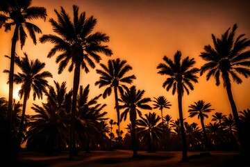 Fototapeta na wymiar Majestic palm trees silhouetted against the warm hues of a setting sun, announcing the arrival of Ramadan. 