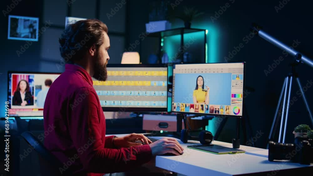 Aufkleber photographer using software on computer to perform editing operations, correcting images in creative