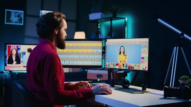 Photographer using software on computer to perform editing operations, correcting images in creative agency. Photo editor using desktop PC tp make adjustments to photographs