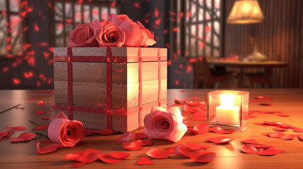 Fond d&eacute;coratif ambiance Saint-Valentin, amour. Cadeaux et fleurs, bougie. Amoureux, couple, romantique. Arri&egrave;re-plan pour conception et cr&eacute;ation graphique.