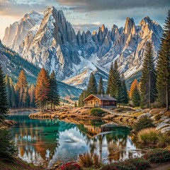 Majestic Mountain Landscape with Alpine Lake and Cabin at Sunrise

 - obrazy, fototapety, plakaty