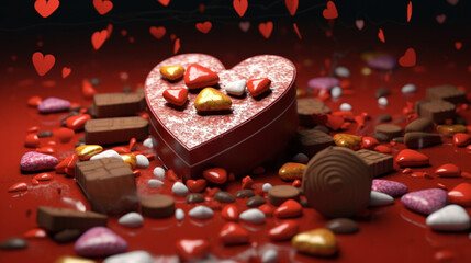 Boîte de chocolat en forme de coeur, ambiance Saint-Valentin, amour. Sucré, gâteaux. Amoureux, couple, fête. Arrière-plan pour conception et création graphique.
