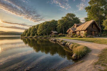 Fototapeta na wymiar Wooden cabins by a tranquil lake surrounded by lush greenery during sunset