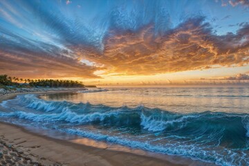 A stunning sunrise painting the sky in vivid colors above gentle waves on a sandy beach