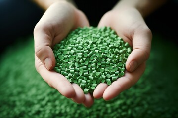 Close-up of hands holding a heap of green, eco-friendly biodegradable plastic pellets - obrazy, fototapety, plakaty