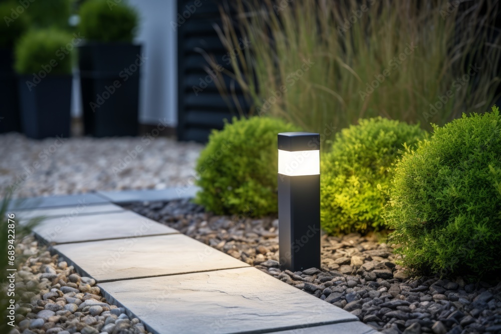 Wall mural Modern LED garden light casting a warm glow on a landscaped path