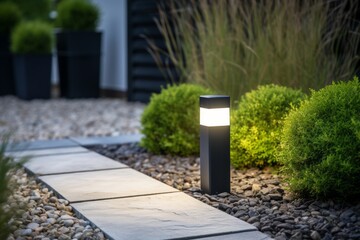 Modern LED garden light casting a warm glow on a landscaped path