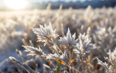 Closeup frozen grass with blurred sunrise background