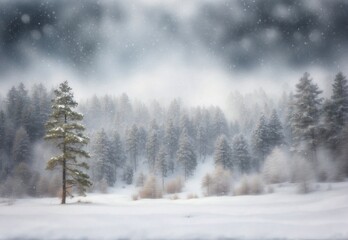 Misty winter morning in the forest with snowfall and dark sky background