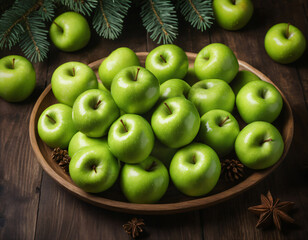 Green apples are lying in a large wooden bowl.