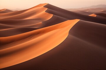 Fototapeta na wymiar Undulating sand dunes in a desert bathed in golden sunlight, creating a rhythm of light and shadow.