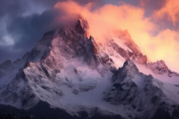 The majestic peak of a mountain bathed in the warm glow of sunset, a testament to nature's grandeur.

