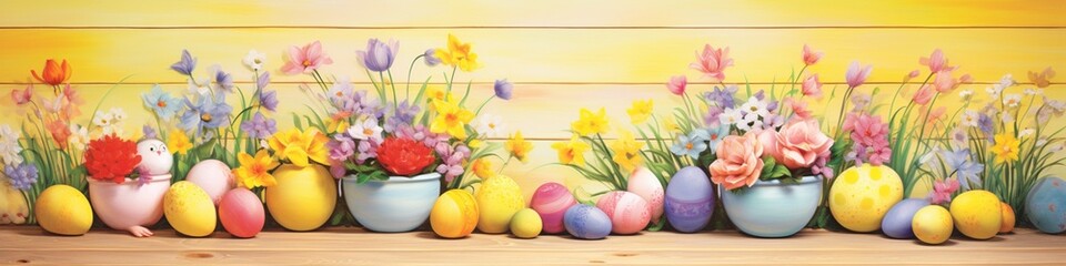 Naklejka na ściany i meble Step into a whimsical scene featuring a colorful Easter egg double border creatively arranged on a yellow wood background, capturing the festive spirit in high definition.