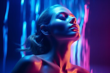 Woman bathed in neon lights, a modern portrait capturing the essence of contemporary urban life.