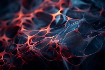 Close-up of a cellular structure, red and blue hues creating an abstract biological pattern.