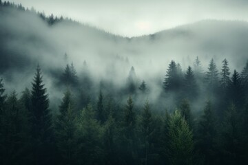 Fog rolling over a dense pine forest, creating a hauntingly beautiful natural scene.
