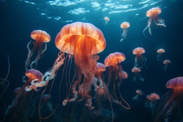 Vibrant orange jellyfish underwater, a mesmerizing marine display of color and form.