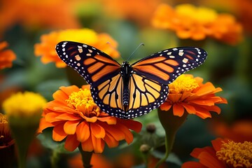 Fototapeta na wymiar Monarch butterfly on orange marigolds, a symbol of transformation and vibrant life.