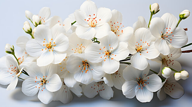 Closeup of small white gypsophila flowers on white background